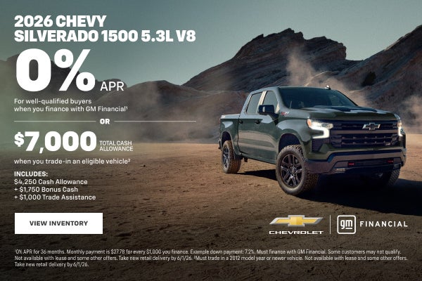 2026 Chevy Silverado 1500 5.3L V8. 0% APR For well-qualified buyers when you finance with GM Fina...